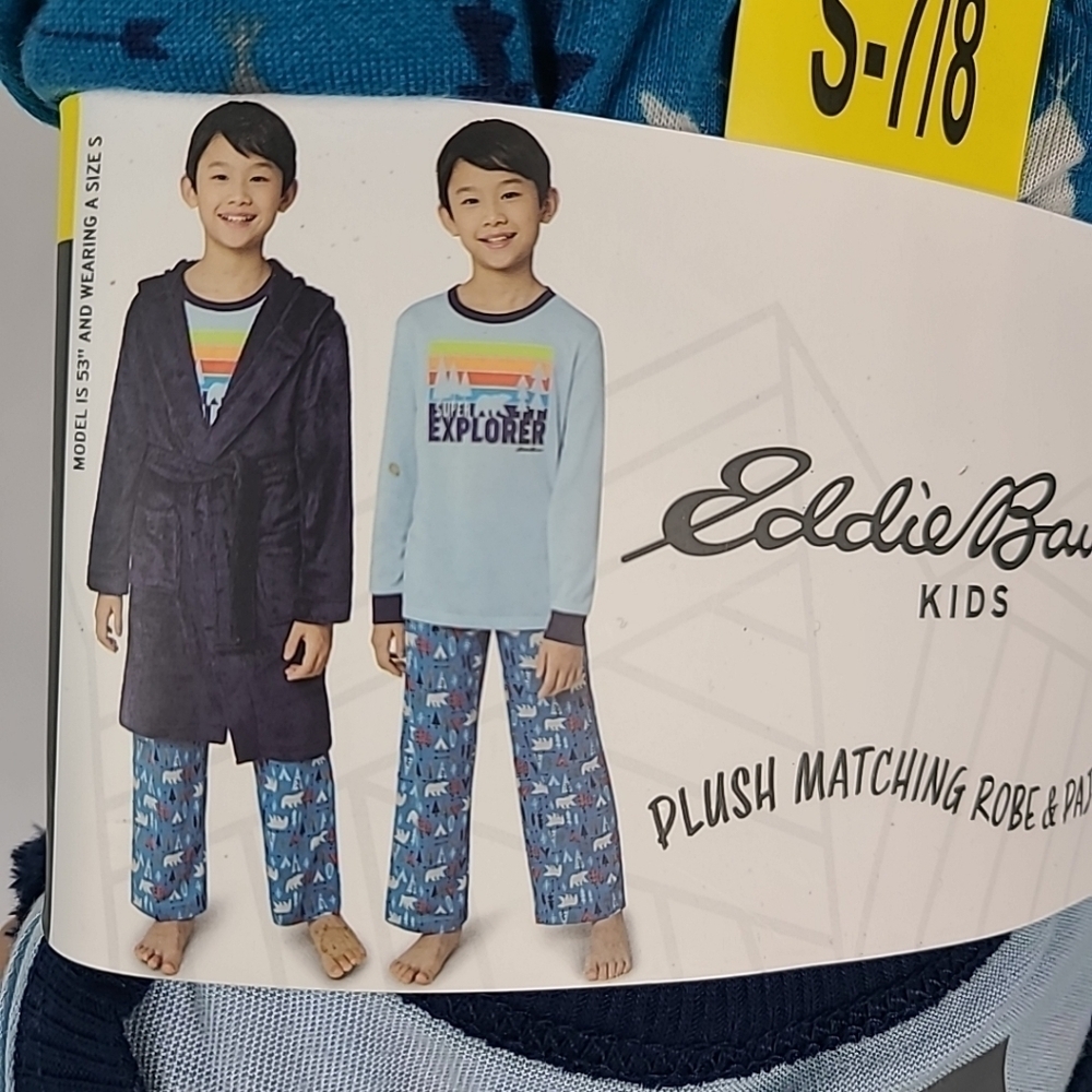 KIDS BOYS SMALL 7/8 EDDIE BAUER 3 PIECE PLUSH PAJAMAS & ROBE SLEEP SET NAVY BLUE